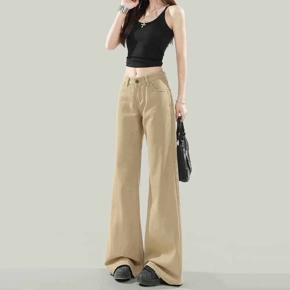 美式复古卡其色低腰牛仔裤女2025秋季新款辣妹不贴腿微喇阔腿长裤