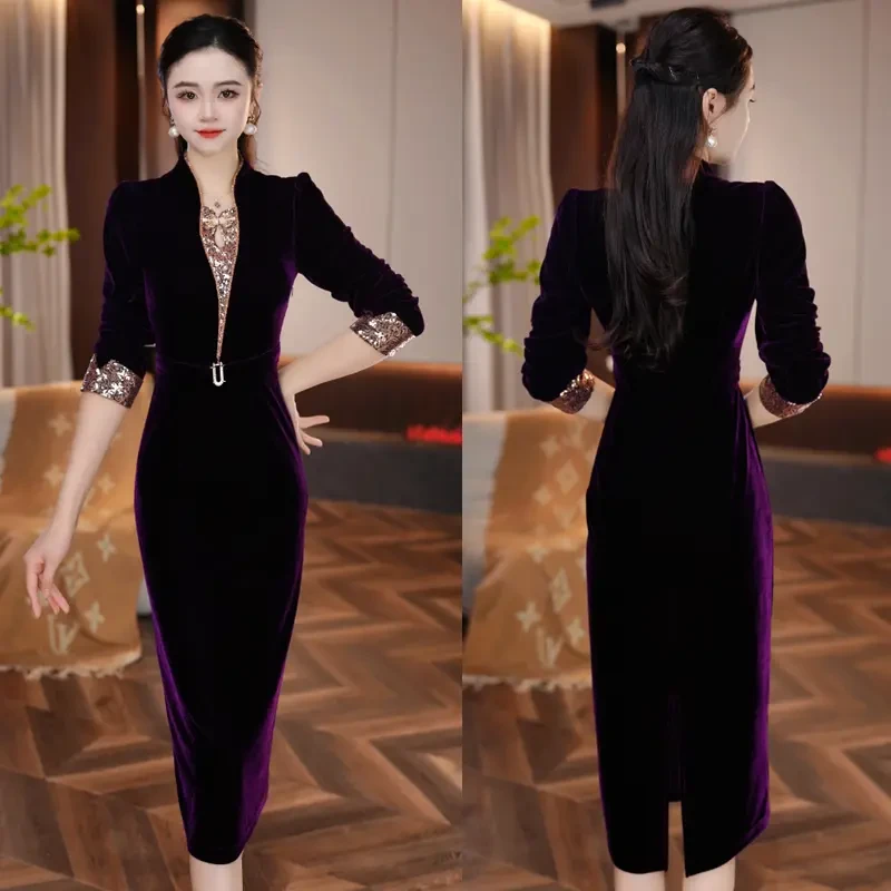 秋季A字裙白月光穿搭黑色连衣裙名媛气质高贵黑色复古丝绒长袖