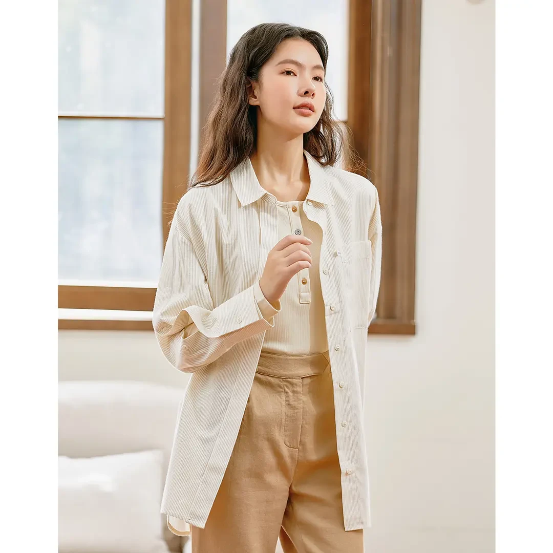 Famecoco范可儿宽松休闲条纹衬衫知性百搭衬衣外套DAB6BA006