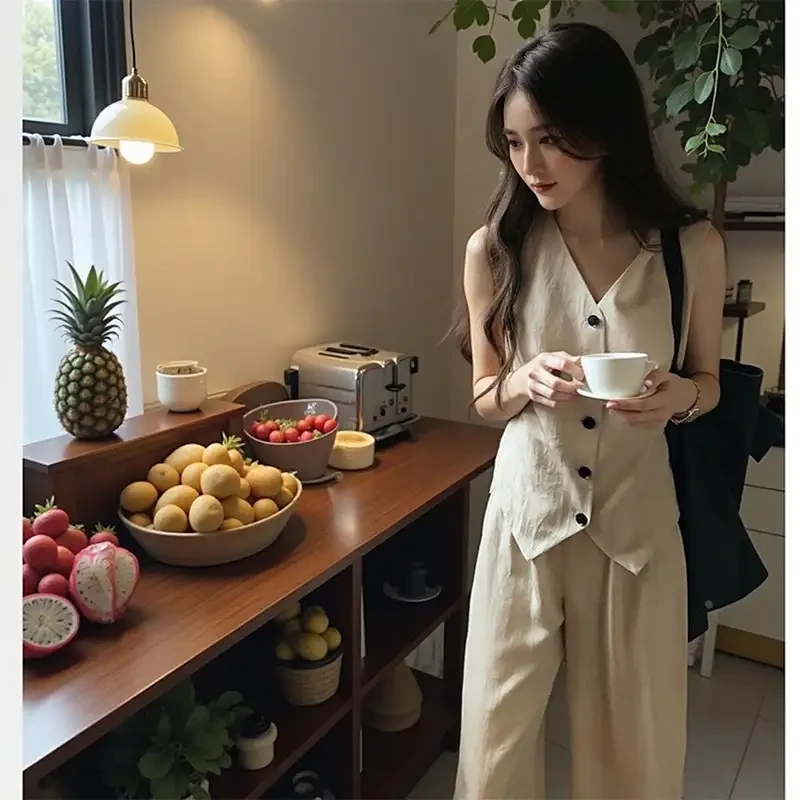 复古气质小西装套装女2024夏季新款港风洋气马甲上衣阔脚裤两件套