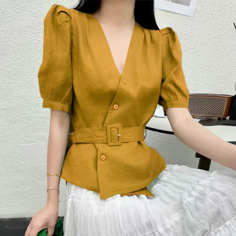 V领斜襟单排扣短袖衬衫女高级感小个子时尚洋气收腰显瘦上衣服潮