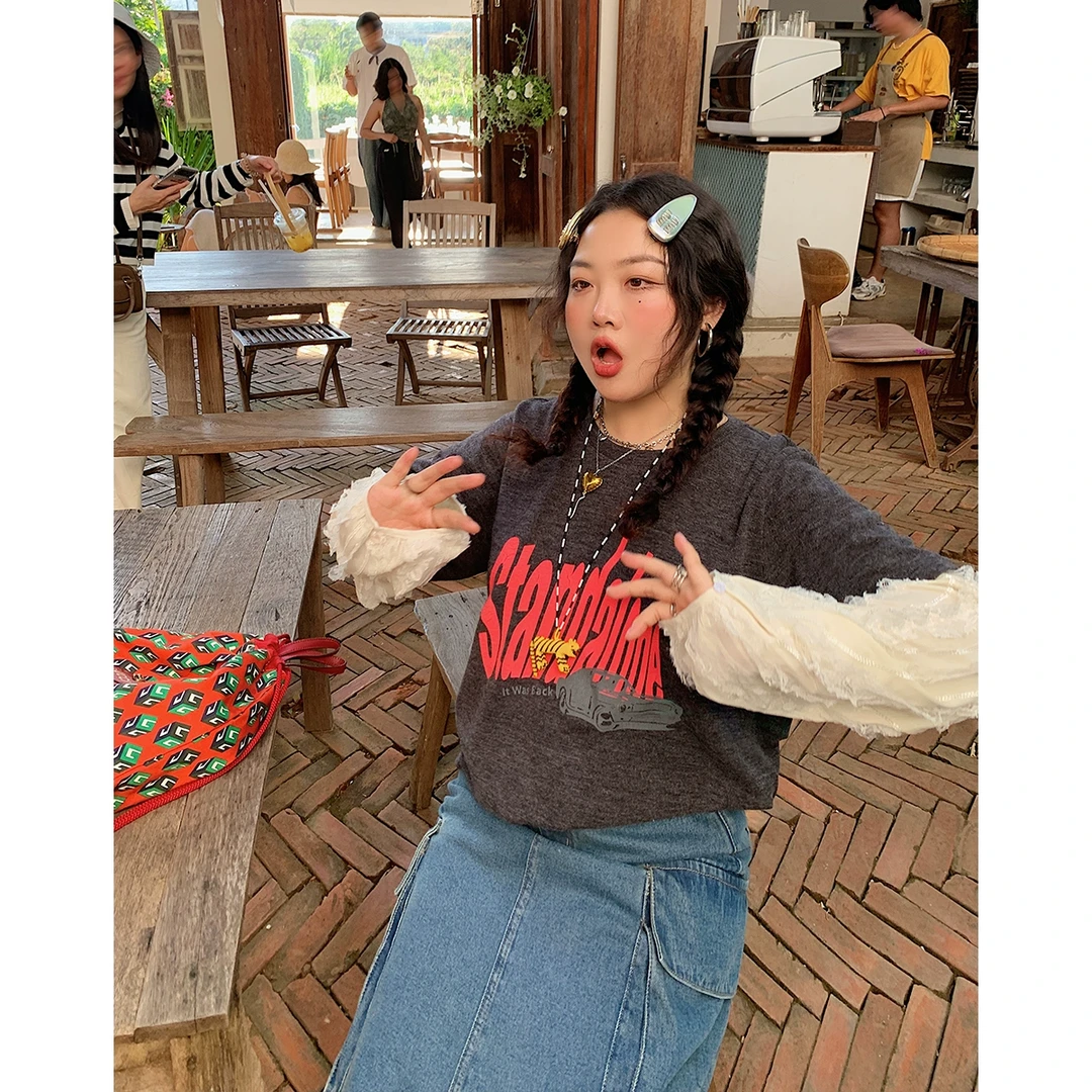 Dazi金大支拒绝单一 假两件套字母T恤女上衣0213/0026圆领韩版宽