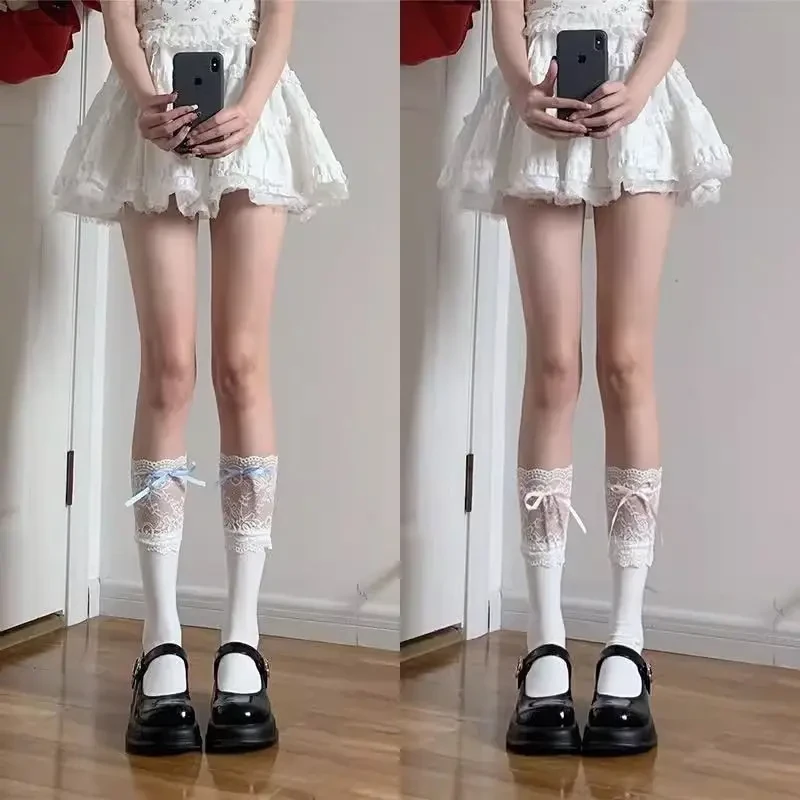 芭蕾风蕾丝花边小腿袜日系洛丽塔纯欲百搭长筒袜蝴蝶结飘带堆堆袜