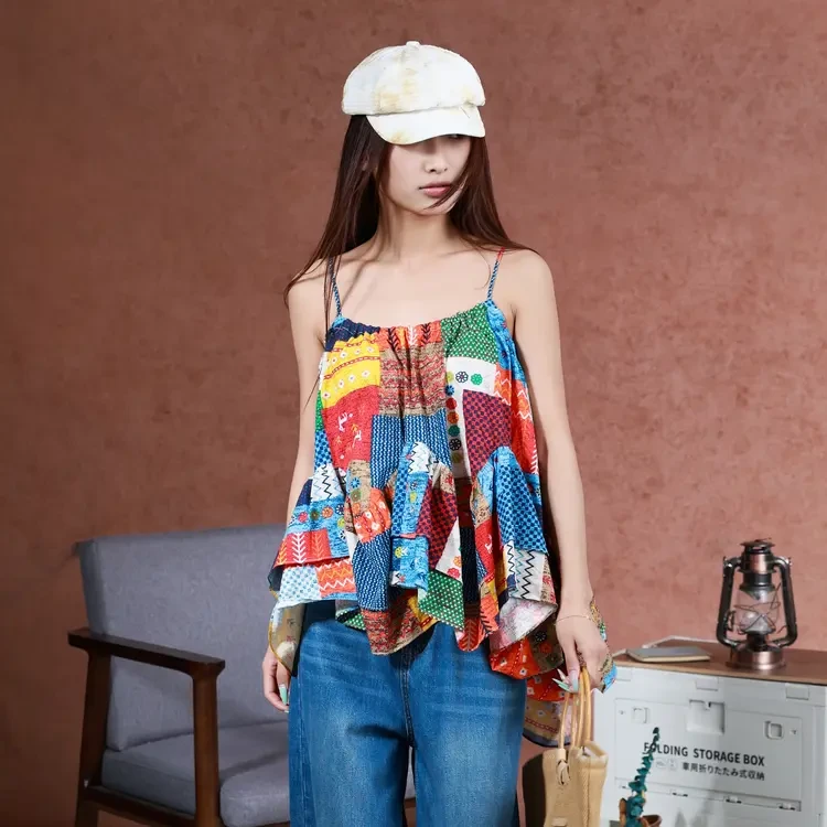 西町村屋复古荷叶边吊带背心女夏季新款气质度假风小衫XHAB10018