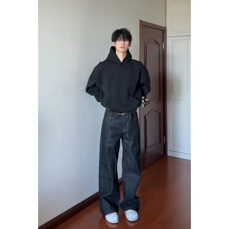 xanvas原牛黑赤耳牛仔裤男款春秋季baggy裤子美式显瘦宽松直筒裤