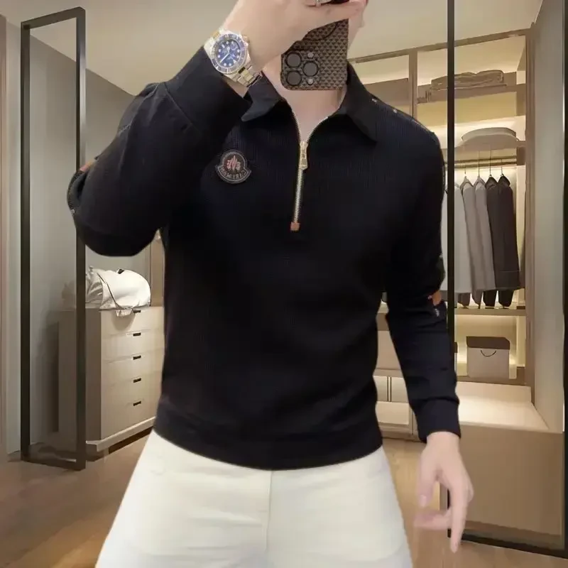 欧洲站高端秋冬季男士长袖polo衫卫衣时尚个性半拉链徽章翻领上衣