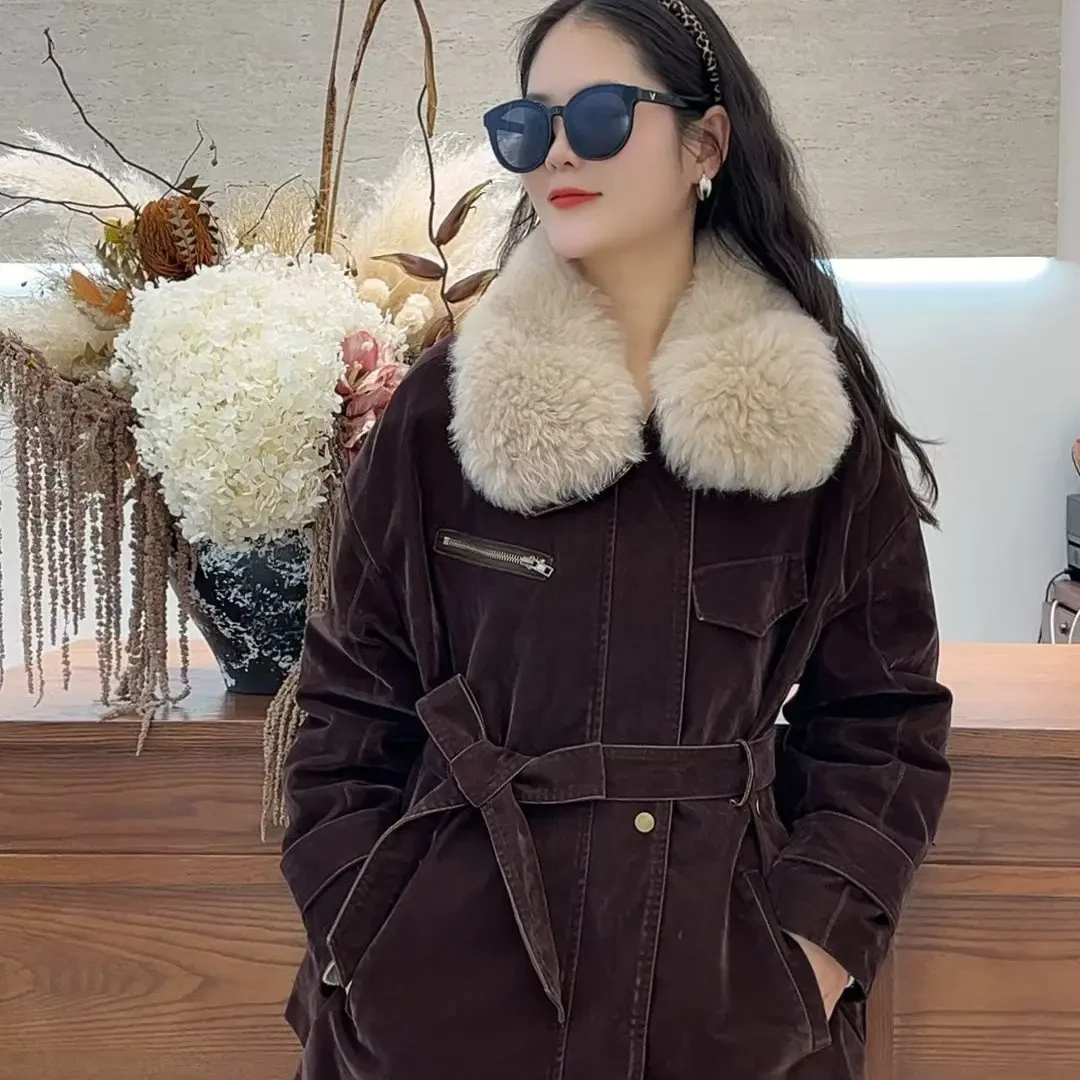 新款韩版中长款夹羽绒灯芯绒狐狸毛领系带羽绒外套
