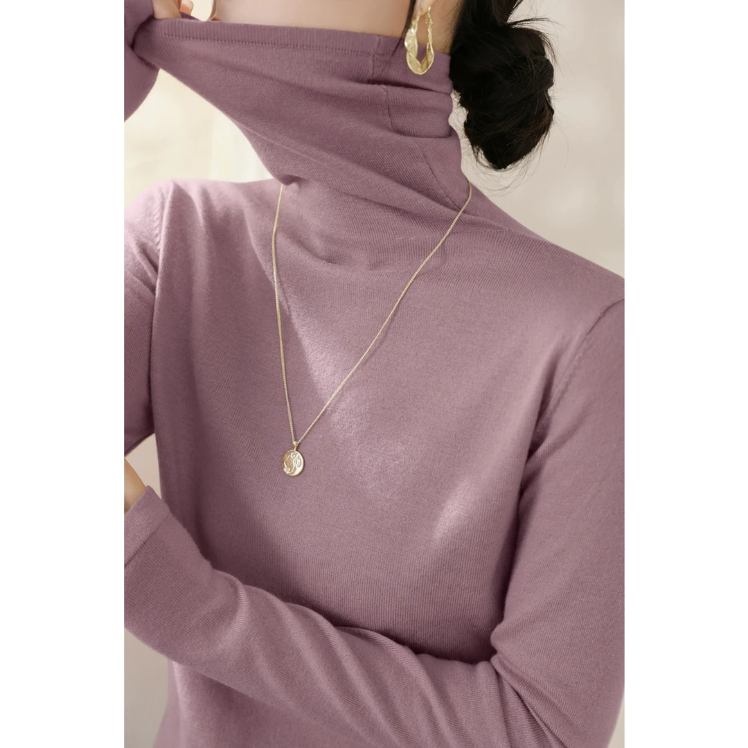 2025年秋冬时尚浅紫色修身针织内搭上衣慵懒风堆堆高领打底衫女装
