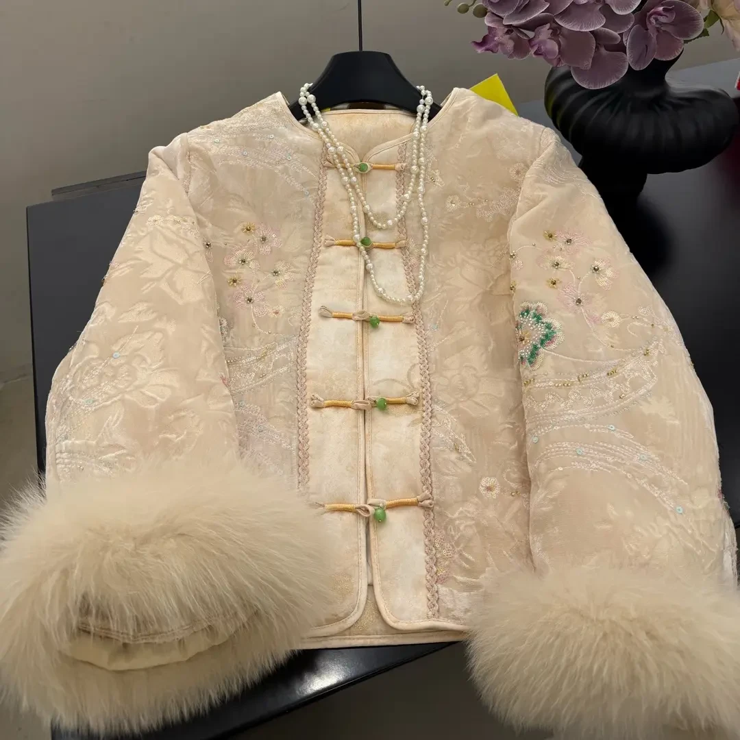 韩系新中式加厚保暖重工刺绣钉珠狐狸毛短款羽绒服外套