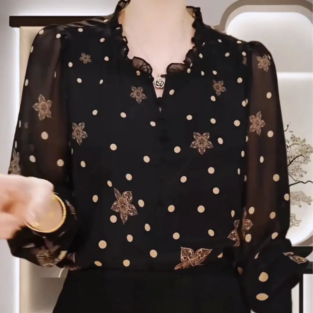 【春夏】新款时尚气质印花女衬衫减龄显瘦设计感舒适透气小衫上衣