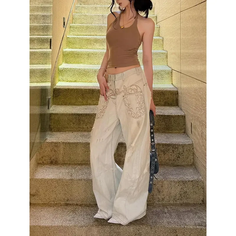 2025夏季新款做旧水洗低腰弯刀牛仔裤女泥染阔腿设计感香蕉裤