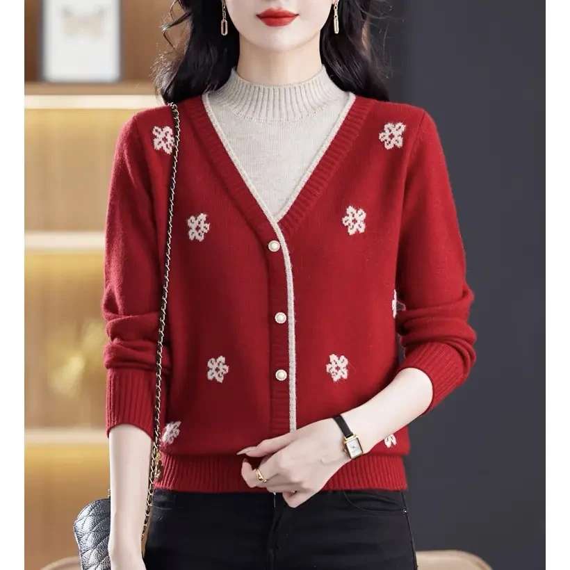 2121 半高领长袖毛衣女2024秋冬加厚套头打底衫提花宽松针织女