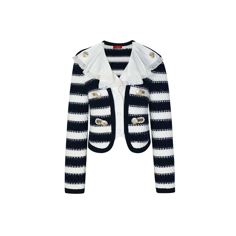 LeFame/拉飞姆春蓝白条纹盘扣针织毛衣开衫LF24C31ZC083