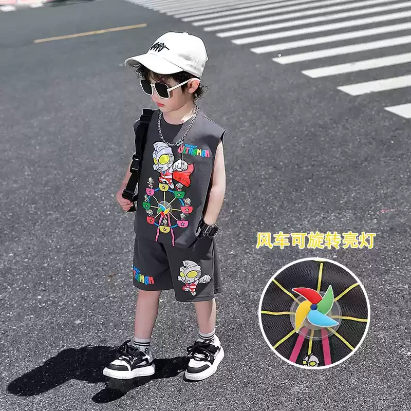 奥特曼衣服男童夏装无袖套装2025新款痞帅气男孩夏季薄款运动背心