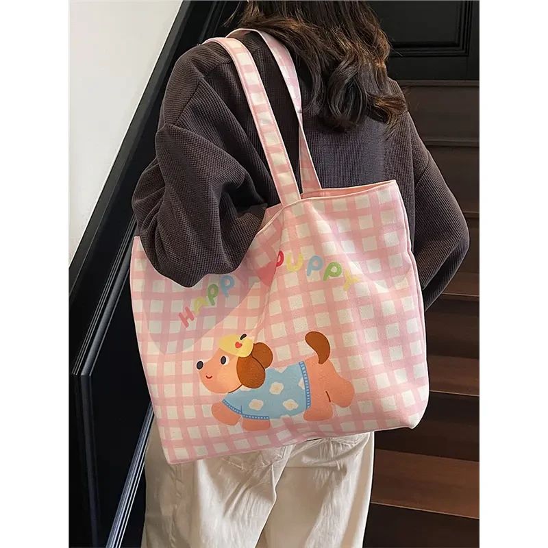 帆布包韩系慵懒风大容量包包女2025新款夏季单肩斜挎包格子托特包