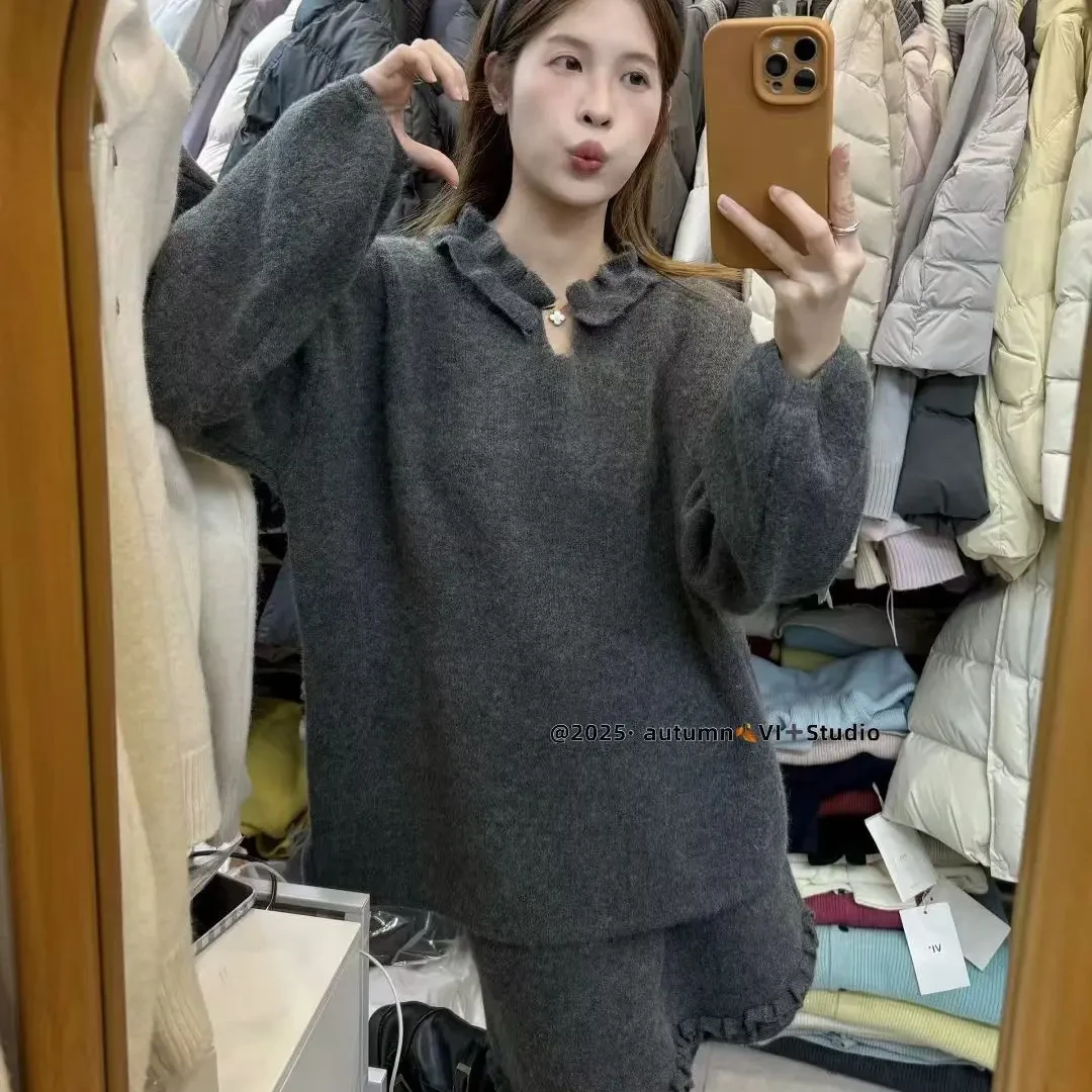 韩系温柔风木耳花边领毛衣搭配防走光半身短裙秋冬时尚套装