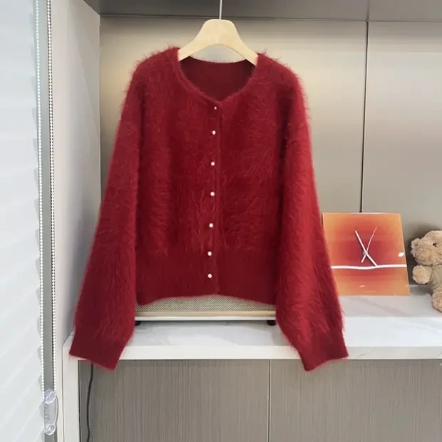 新年秋冬女士拉绒珍珠扣开衫羊绒上衣厚款小香风气质洋气简约红色