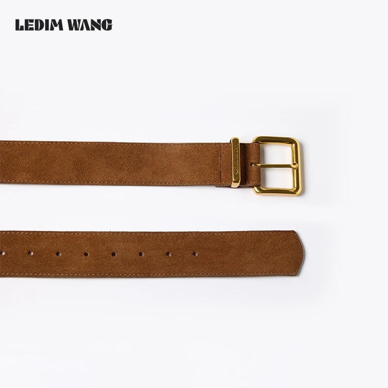 LEDIM WANG复古棕色麂皮皮带极简高级感金属中针扣腰带4.5cm宽