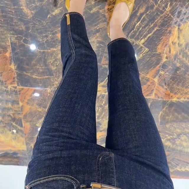 2025新款深蓝色高腰小脚牛仔裤大码夏季小个子弹力修身显瘦烟管裤