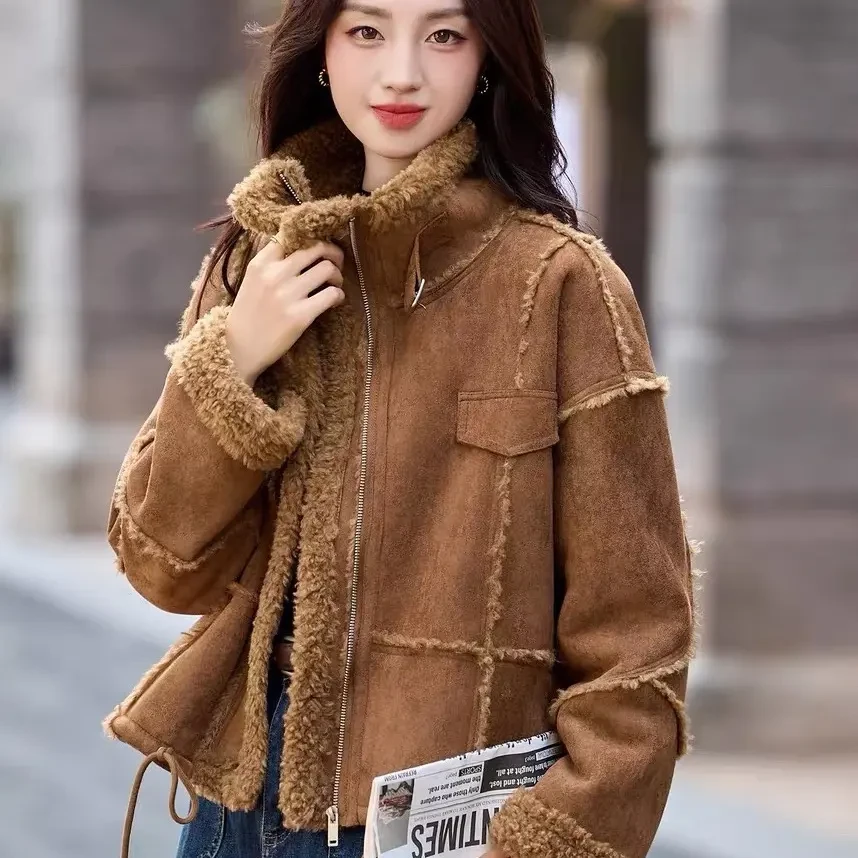 复古鹿皮绒皮毛一体羊羔毛外套女短款冬季高级感小个子厚棉服上衣