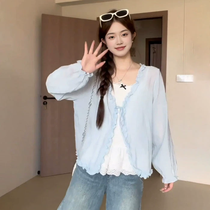 【8750】大码女装胖mm蓝色v领针织开衫夏季披肩外搭罩衫薄款上衣