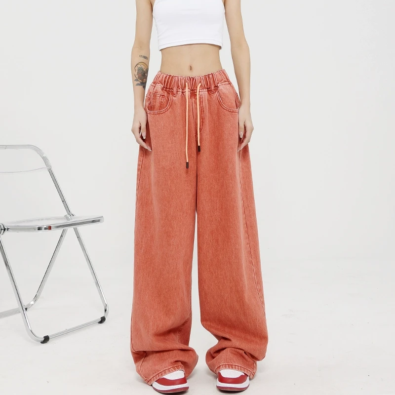 【春季五折】KEN STUDIO高腰抽绳牛仔裤女松紧腰高街vibe阔腿裤裤子