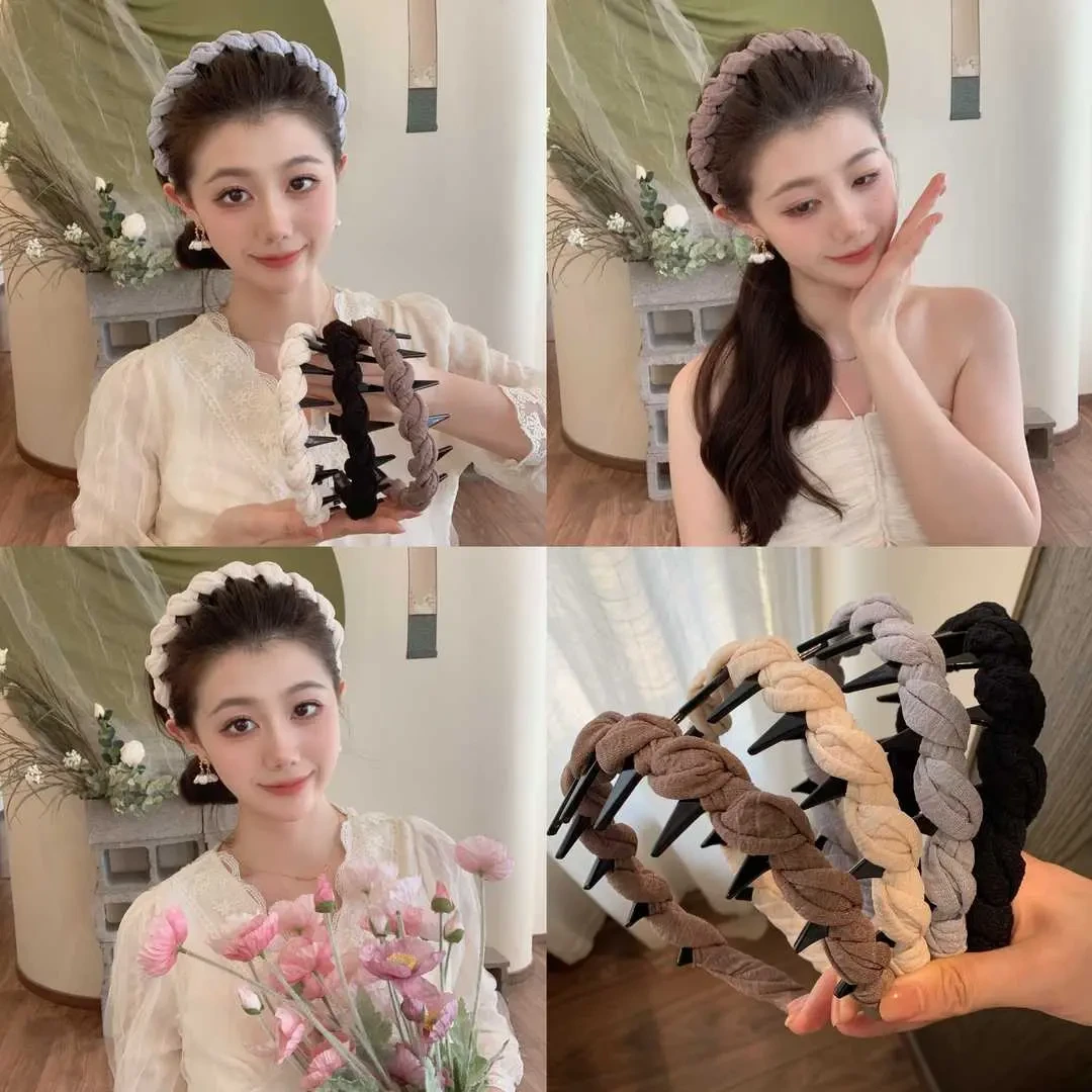 网红编织麻花时尚百搭发箍复古带齿高颅顶洗脸气质头箍发饰