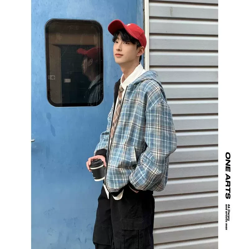 【ONEARTS外套】双面穿连帽开衫夹克男早春款美式格子潮牌情侣外套