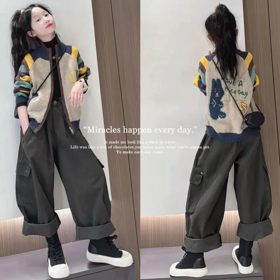 女童卫衣外套秋装2025新款儿童针织开衫女孩大童衣服慵懒风工装裤