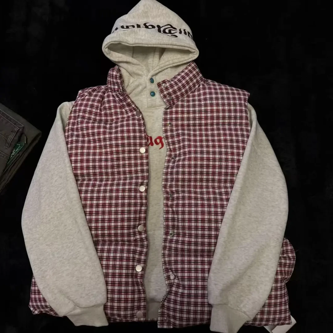 蓝色格子白鸭绒马甲女冬季无袖宽松加厚保暖韩系叠穿马夹外套