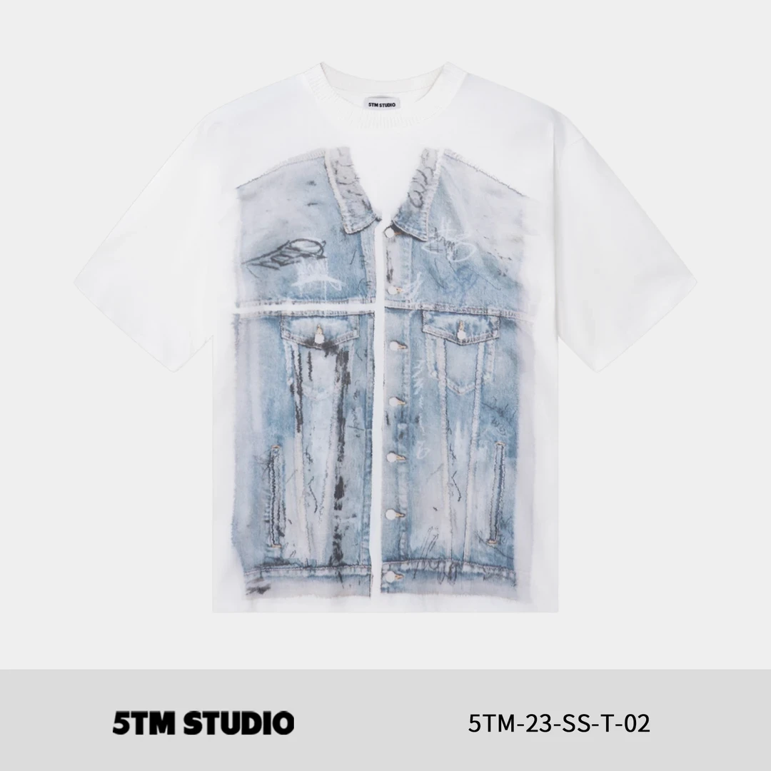 5TM丨23SS牛仔夹克印花图案T恤复古设计师个性男女时尚休闲宽松