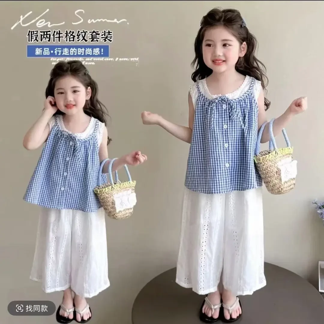 女童洋气夏季薄款阔腿裤套装宝宝2025新款韩版休闲格子夏天两件套