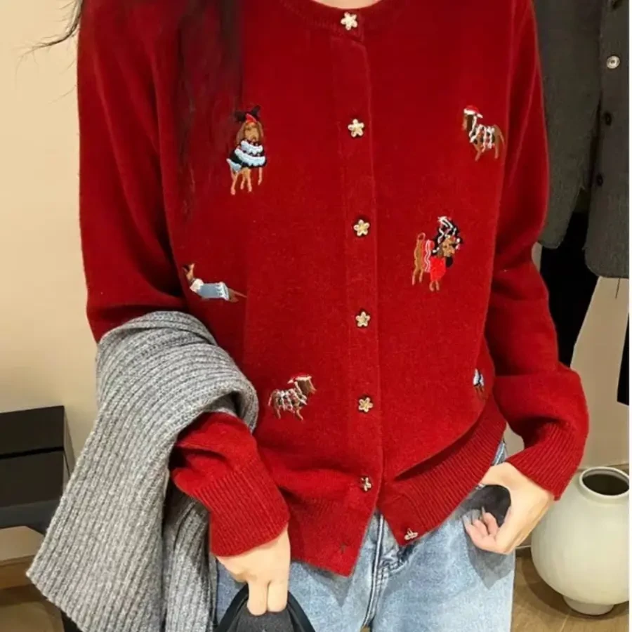 韩系简约气质卡通刺绣针织开衫秋冬新款百搭毛衣外套上衣女