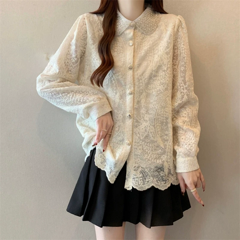 微胖妹妹大码2025春季新款显瘦娃娃领蕾丝衫女百搭减龄气质上衣潮