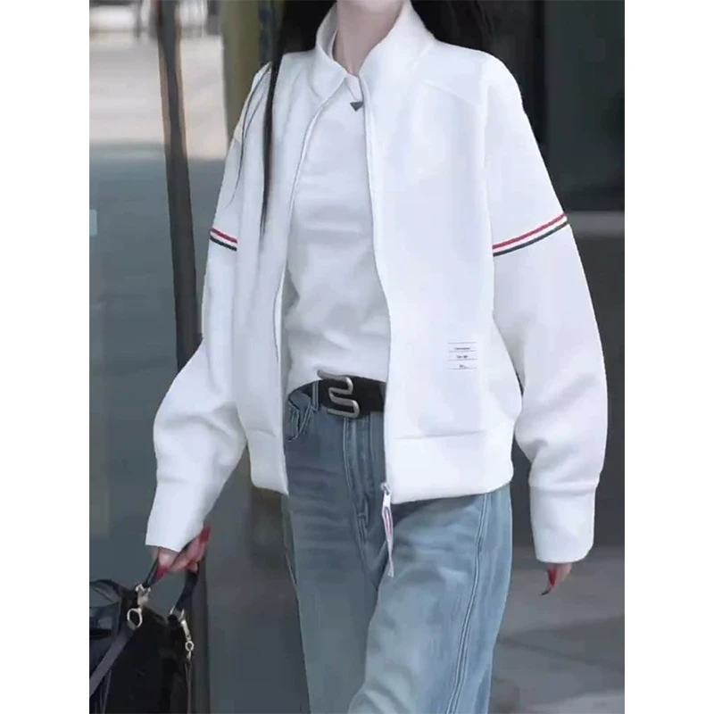 欧货高级感拼色条纹棒球服外套女2025春秋新款宽松短款卫衣夹克潮