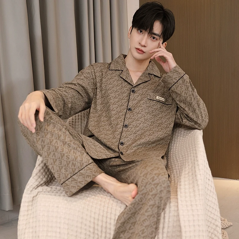 男士睡衣秋冬款纯棉长袖翻领高级感时尚春秋居服休闲可外穿套装