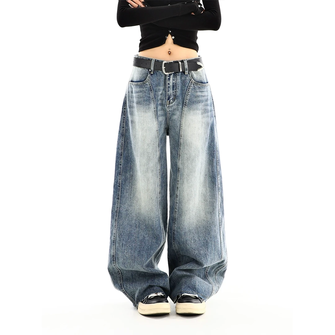 设计感高腰弯刀牛仔裤女美式潮牌复古宽松垂感直筒阔腿拖地长裤子