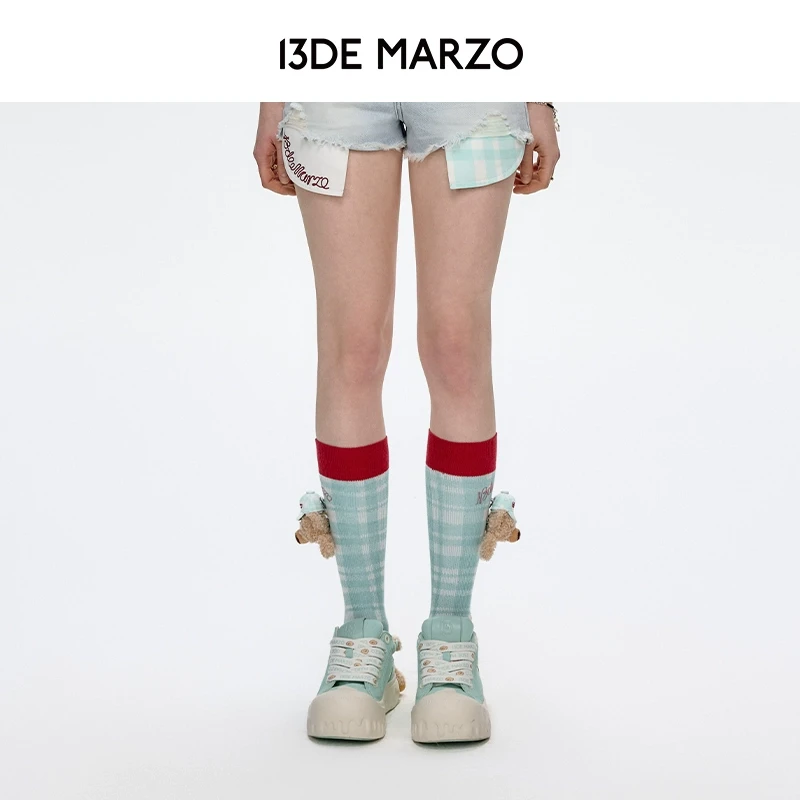 13DE MARZO女士 25春夏新款格纹拼色小腿袜时尚甜美撞色中筒袜