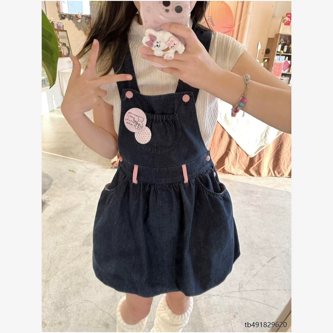 2025日系少女甜美可爱复古高腰2023年夏新款牛仔背带花苞蓬蓬连衣