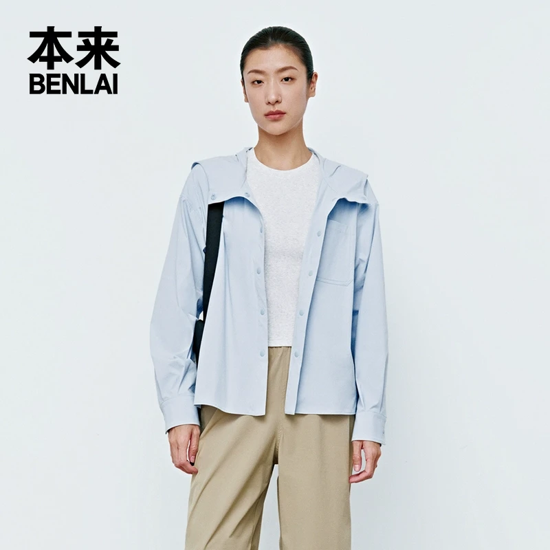 本来BENLAI女士落肩连帽衬衫2025春季新款运动宽松衬衣