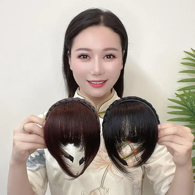 假发辫子发箍刘海一体真人发丝头箍遮鬓角前额白发碎齐刘海假发片