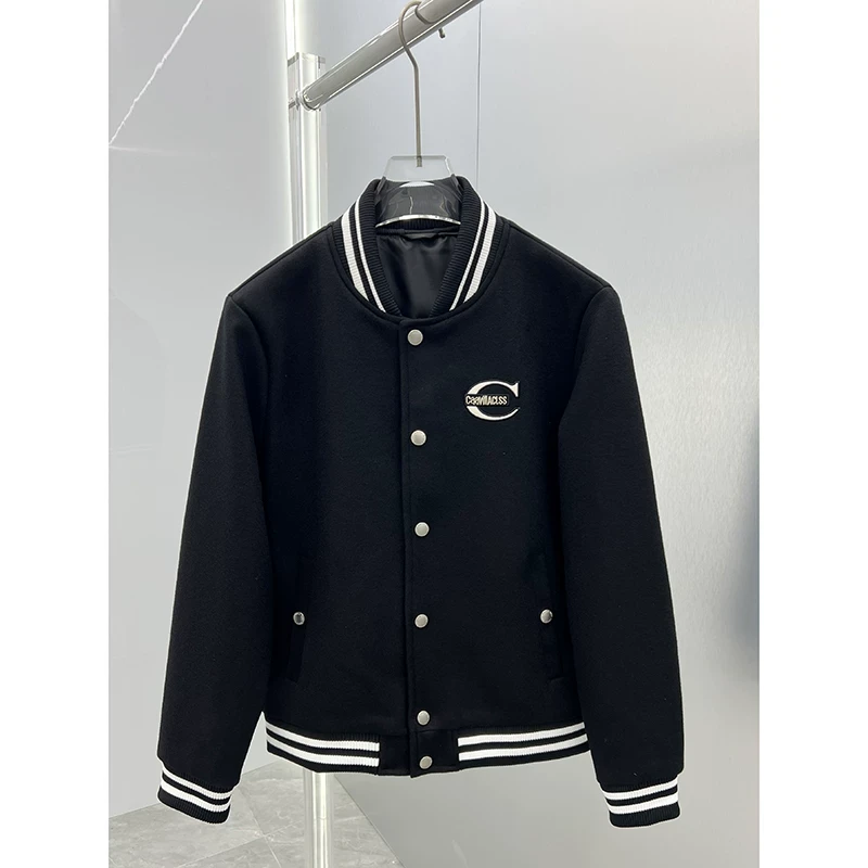 欧洲站高端潮牌欧货2025春季时尚呢料刺绣修身棒球领男士夹克外套