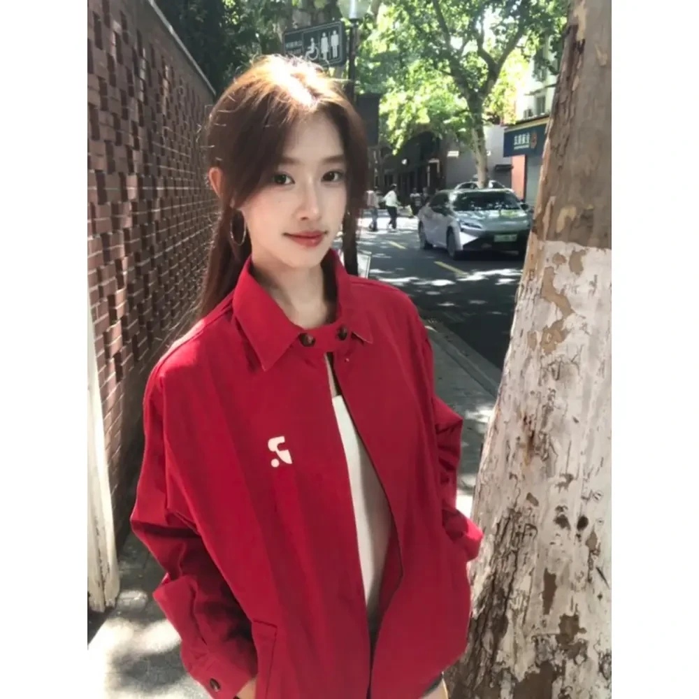 美式休闲情侣潮牌红色外套女秋冬新款加厚高级感复古工装上衣夹克