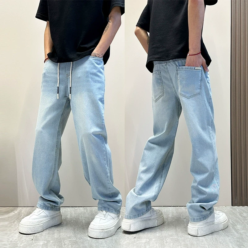 美式复古蓝色水洗牛仔裤男夏薄款宽松直筒裤2025新款显瘦简约男裤