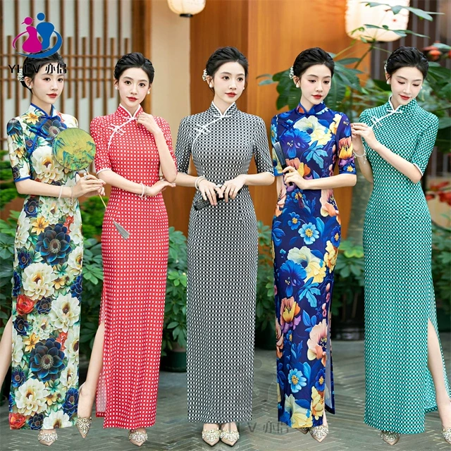 中国风改良旗袍立体印花格子2025新款长款修身连衣裙日常走秀表演