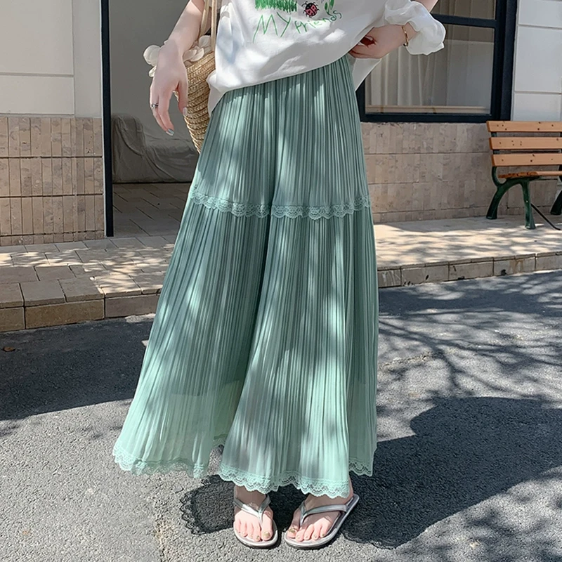 高腰蕾丝花边雪纺a字百褶半身裙女夏季2025新款宽松遮肉气质长裙