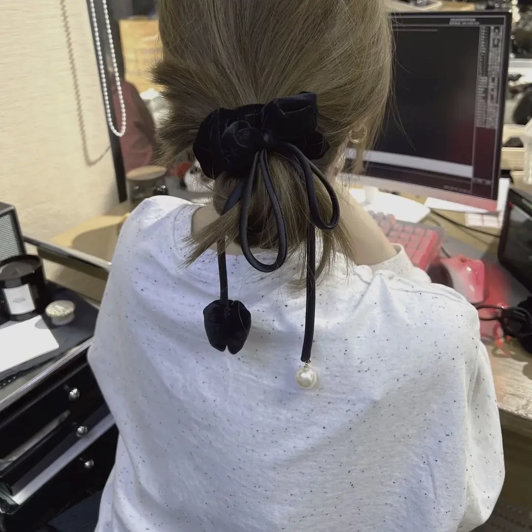 温柔氛围感丝绒花苞蝴蝶结珍珠飘带发圈韩国后脑勺扎发皮筋发绳女