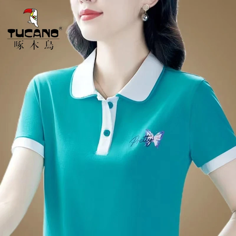啄木鸟短袖2025夏季新款翻领POLO衫T恤中年妈妈洋气减龄运动上衣