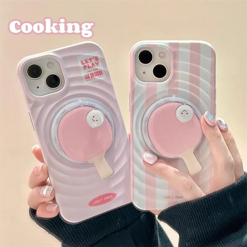 cooking适用少女心粉色乒乓球拍磁吸支架苹果16手机壳波漾纹iphon