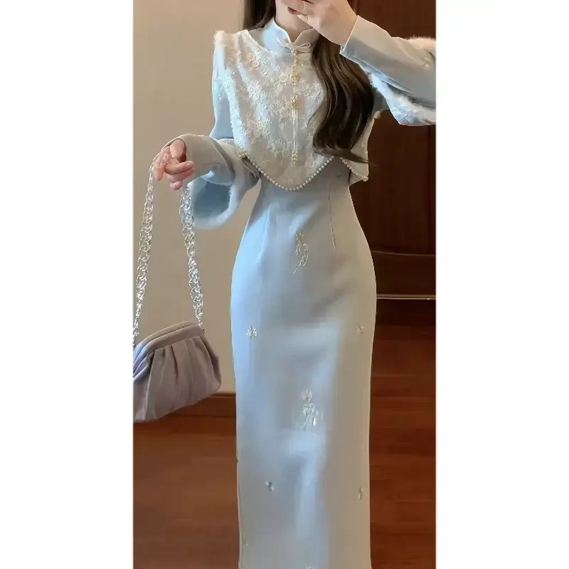 冬季加绒新中式刺绣改良旗袍连衣裙&国风盘绣背心马甲套装裙女